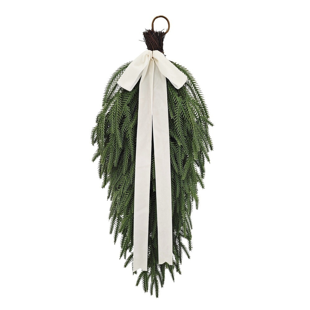 My Texas House Natural Feel Norfolk Christmas Swag Cream Velvet Bow 28" - 2026